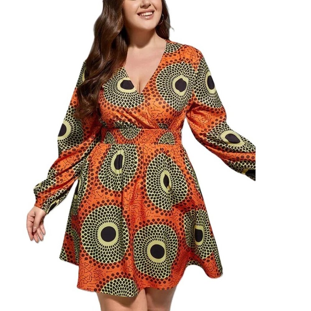 Curvesoul Orange Black Yellow Geometric V Neck Elastic Waist Dress Size 5X NWT - Picture 4 of 14